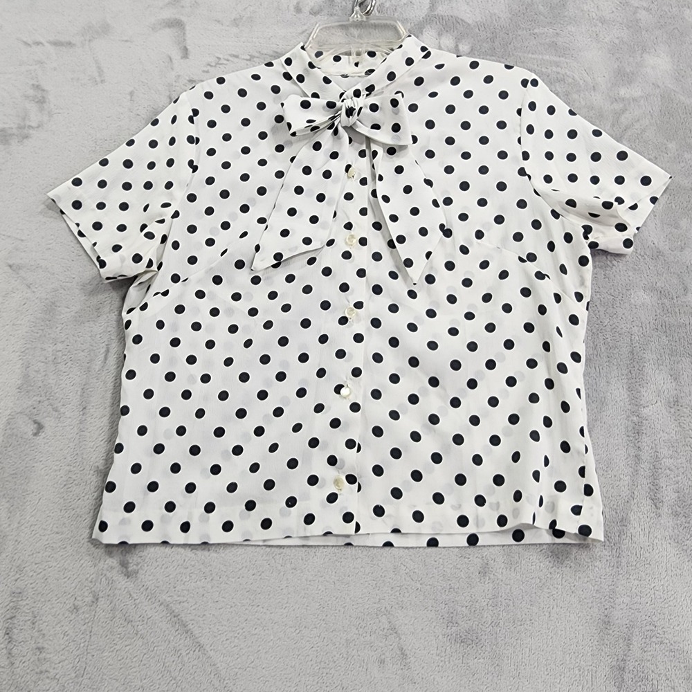Vintage Top Womens‎ White M/L White Black Polka Dot Bow Tie Short Sleeve Blouse